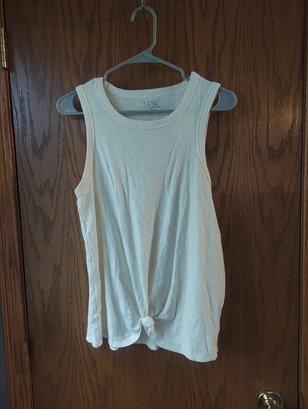 Time and Tru Cream Front Tie Knot Tank Top Size L (12-14) Ribbed Knit Sleeveless